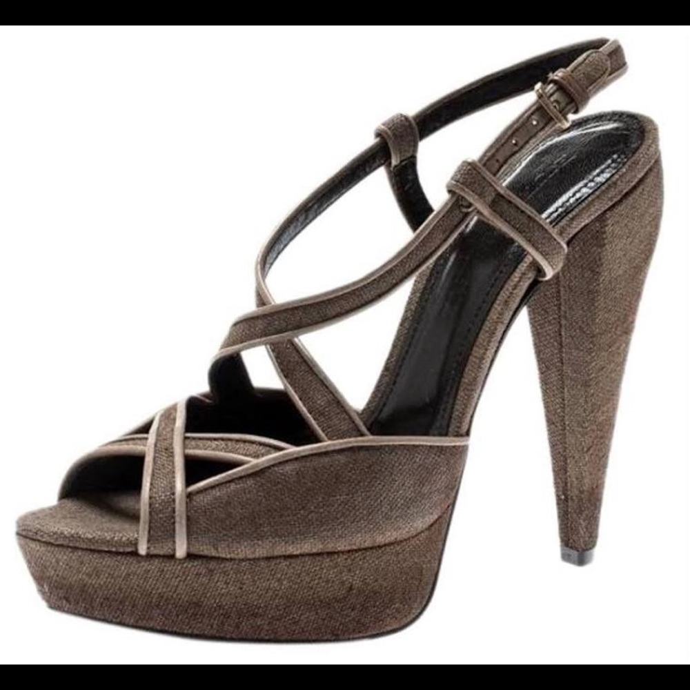 Burberry brown canvas/burlap peep toe heels